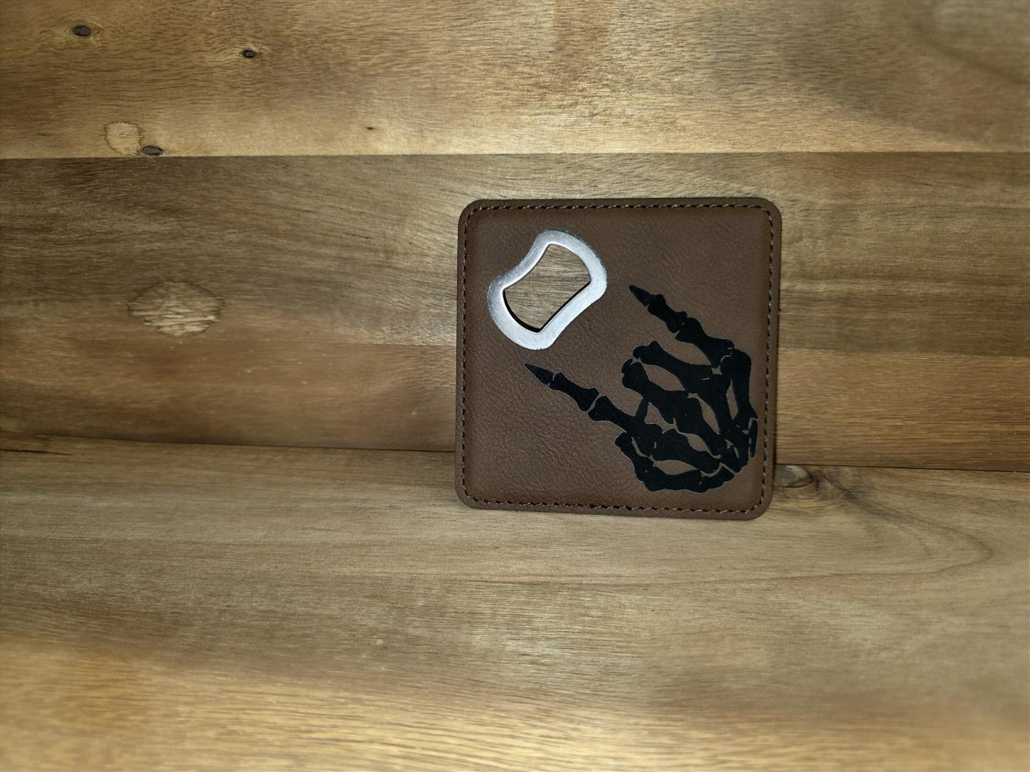 Skeleton Hand"Rock ON" Leatherette Bottle Opener Coaster