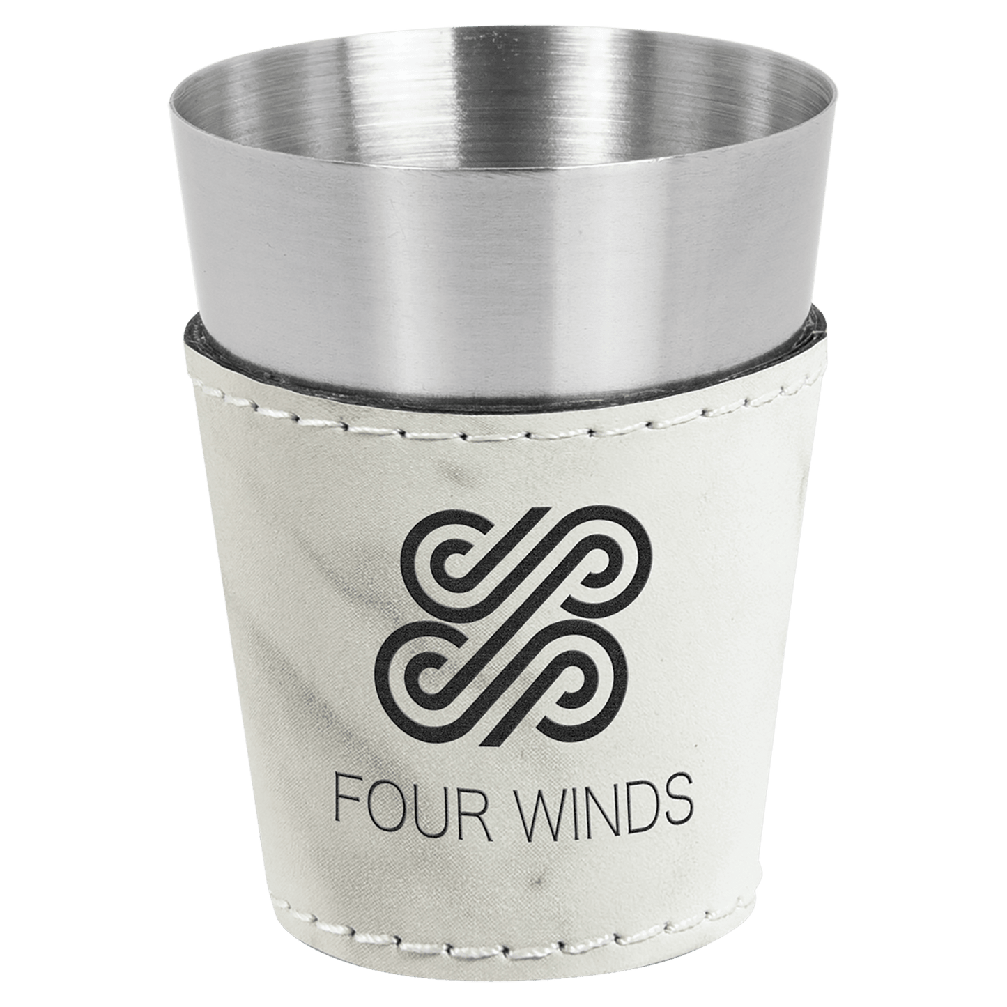 2 oz. White Marble Laserable Leatherette & Stainless Steel Shot Glass