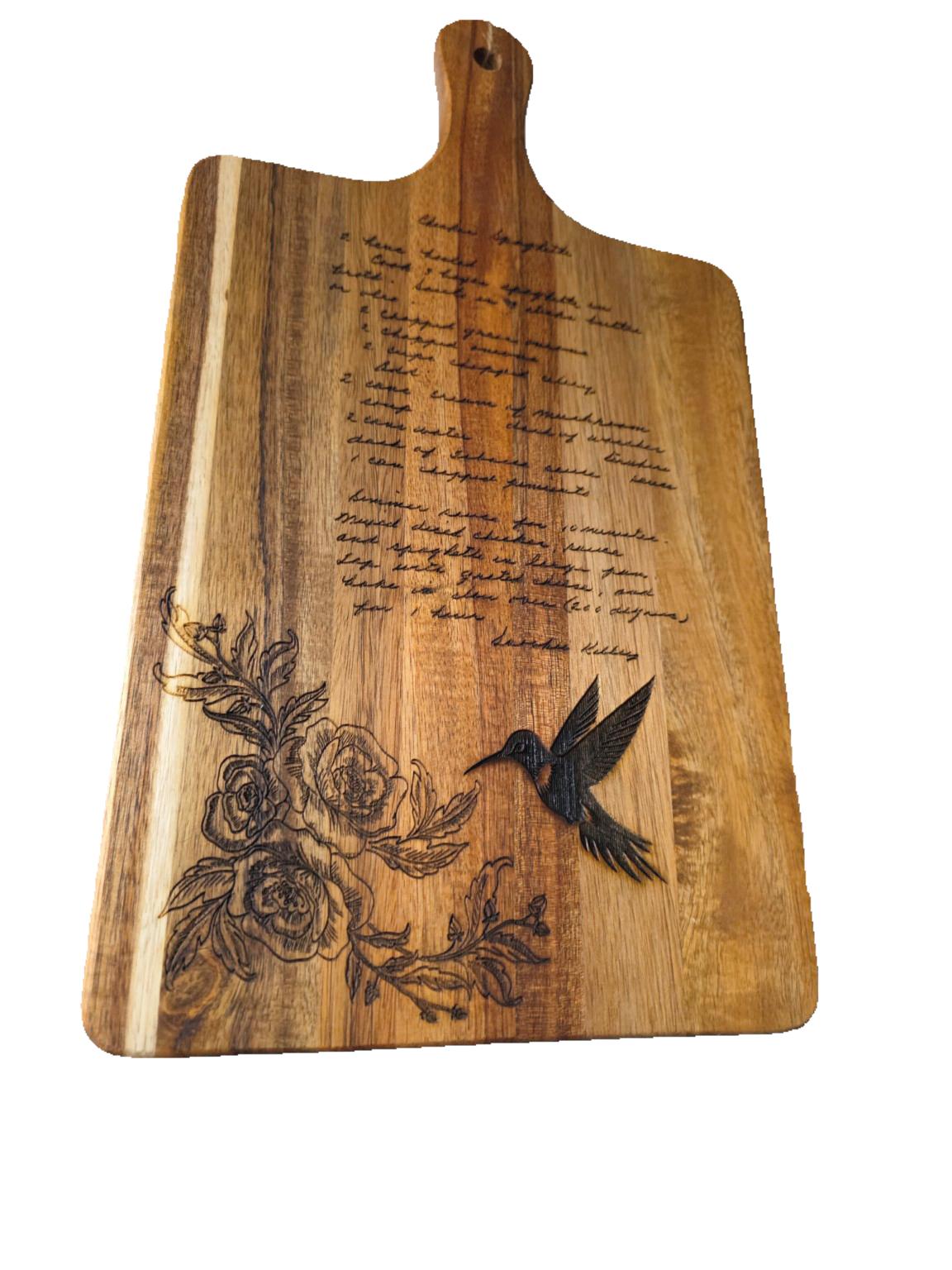 Handwritten Recipe Engraved on 16x9 Acacia Cutting Board with Floral & Hummingbird Design