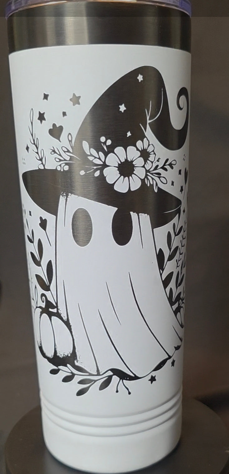 22oz Skinny Tumbler – Ghost in Witch Hat Design