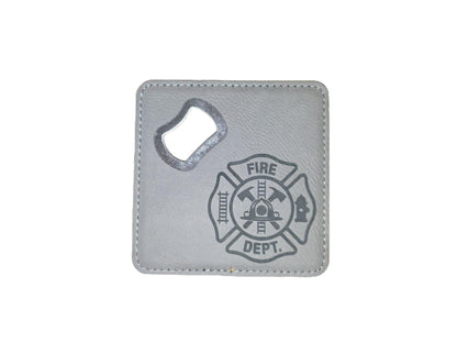 Leatherette Bottle Opener Coaster – Fire Dept. Maltese Cross