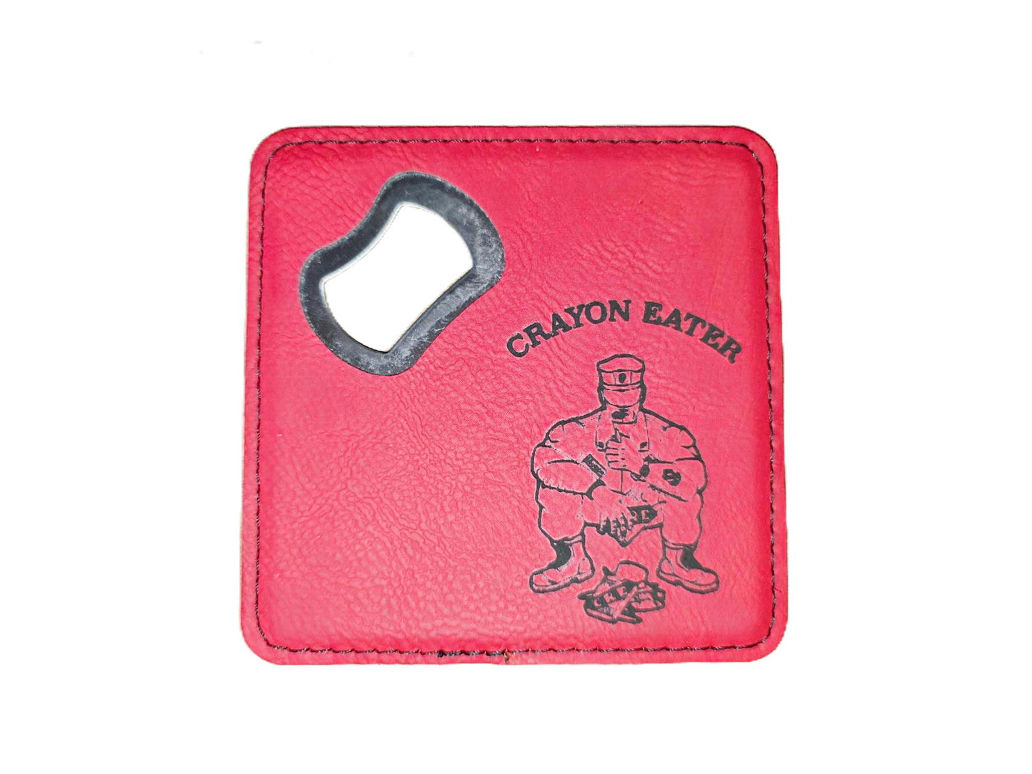 Leatherette Bottle Opener Coaster – “Crayon Eater” (USMC Humor)