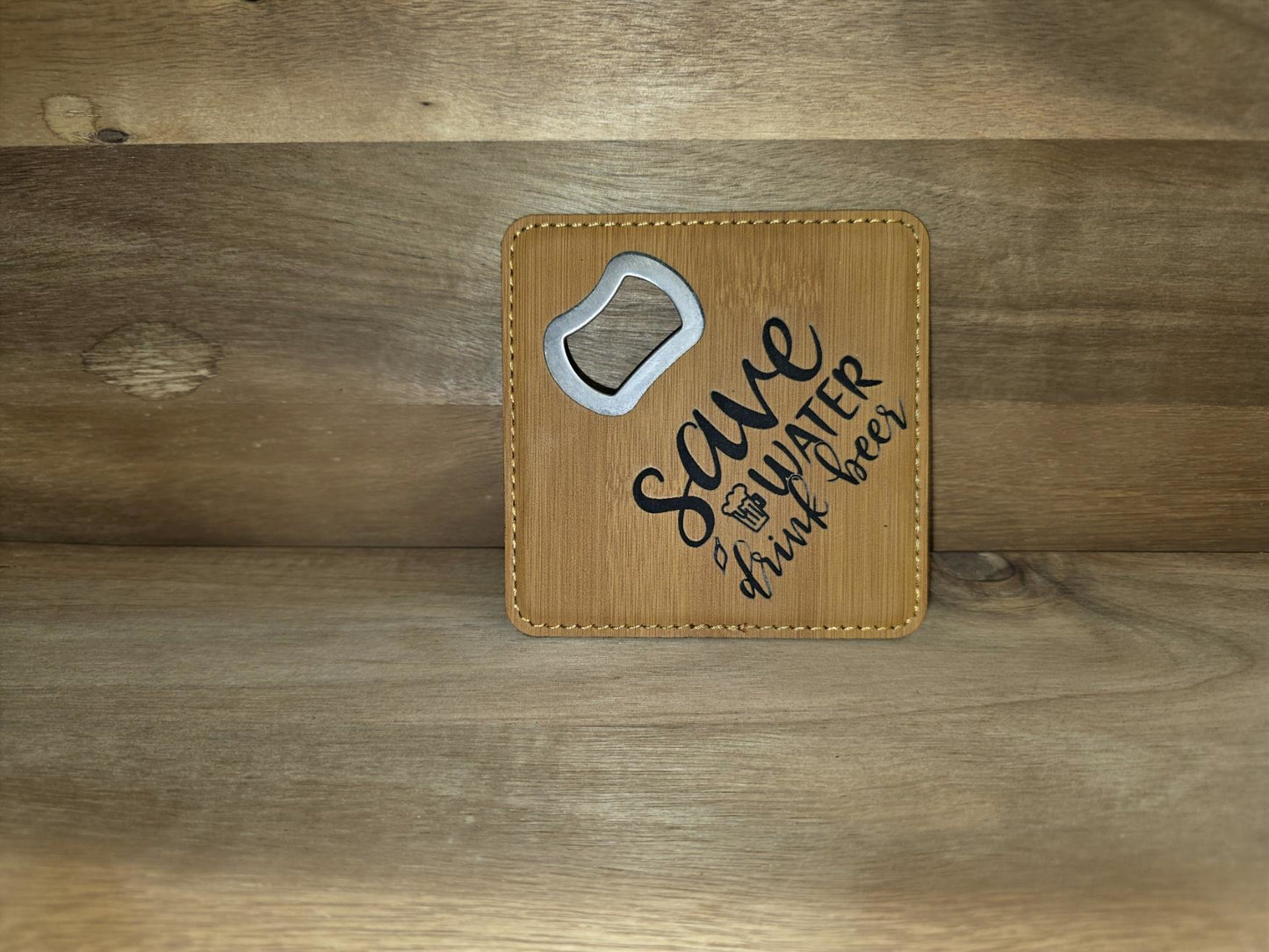 Leatherette Bottle Opener Coaster – “Save Water, Drink Beer”
