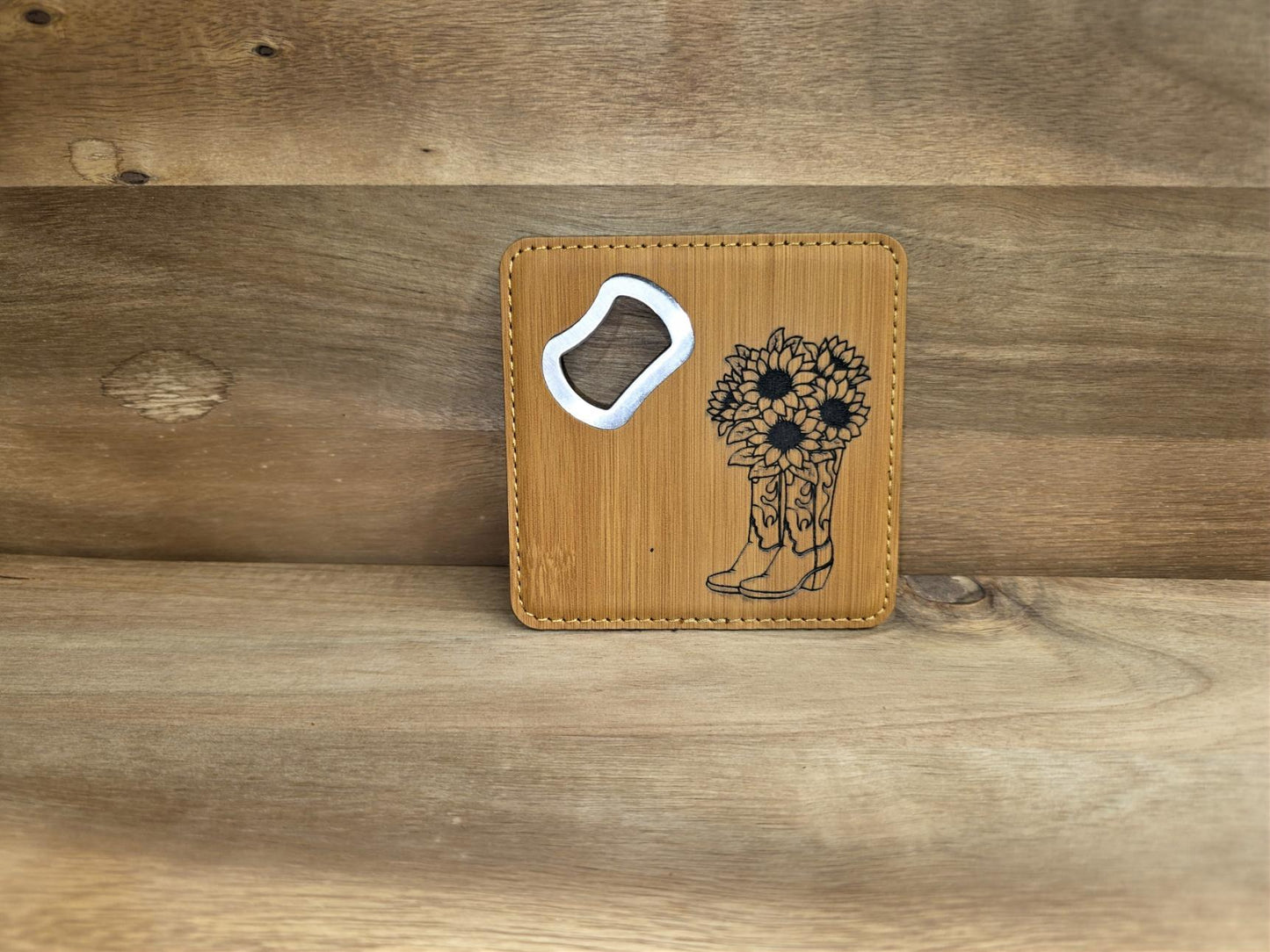 Leatherette Bottle Opener Coaster – Sunflower Cowboy Boots Design