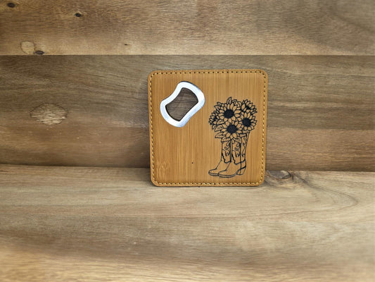 Leatherette Bottle Opener Coaster – Sunflower Cowboy Boots Design
