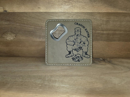 Leatherette Bottle Opener Coaster – “Crayon Eater” (USMC Humor)