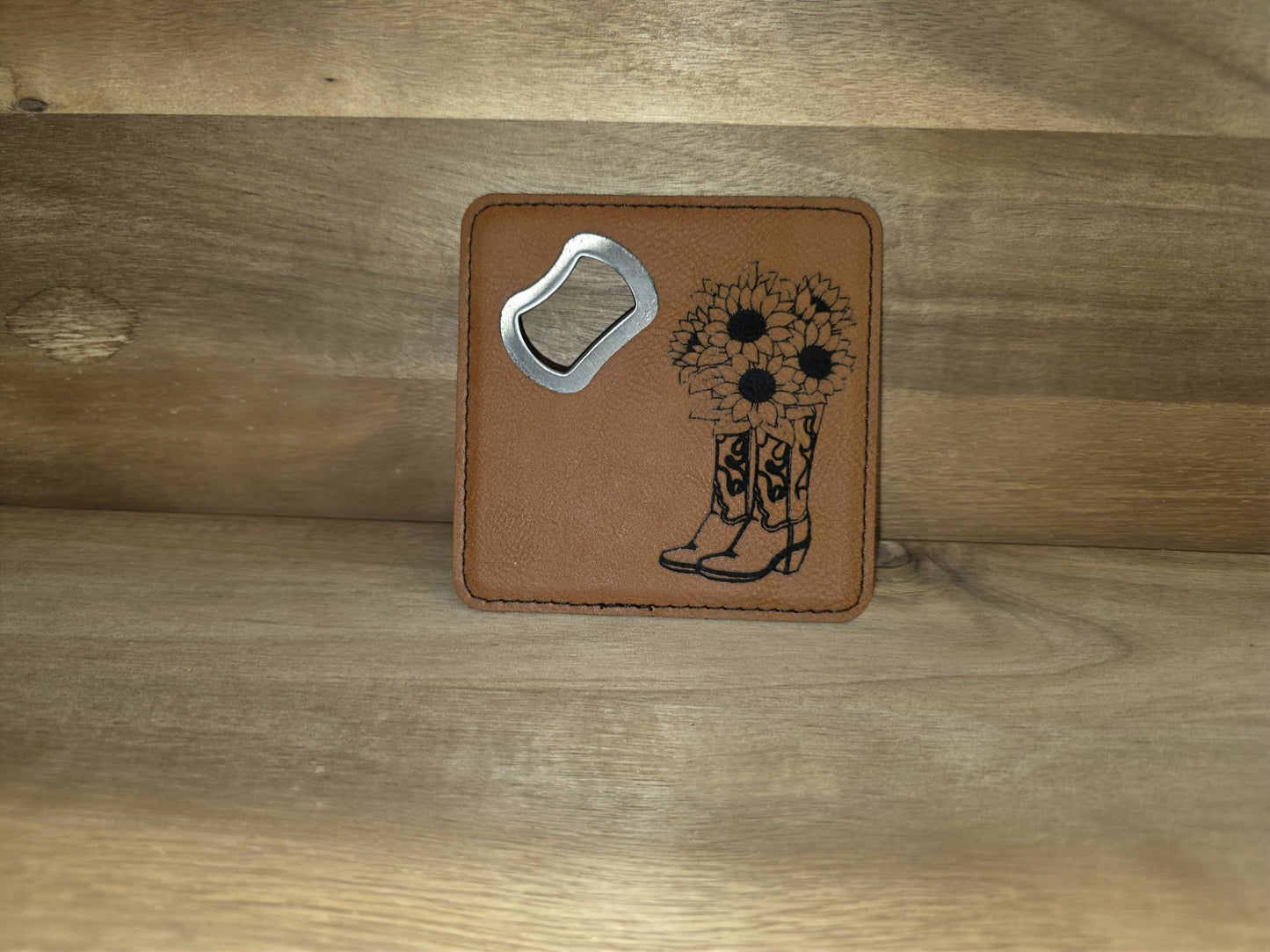 Leatherette Bottle Opener Coaster – Sunflower Cowboy Boots Design