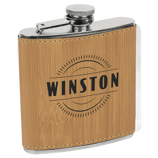 6 oz. Bamboo Laserable Leatherette Stainless Steel Flask