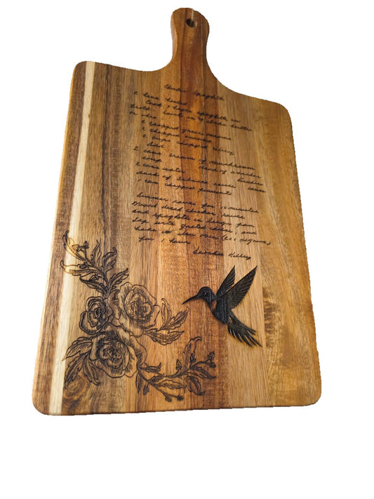 Handwritten Recipe Engraved on 16x9 Acacia Cutting Board with Floral & Hummingbird Design