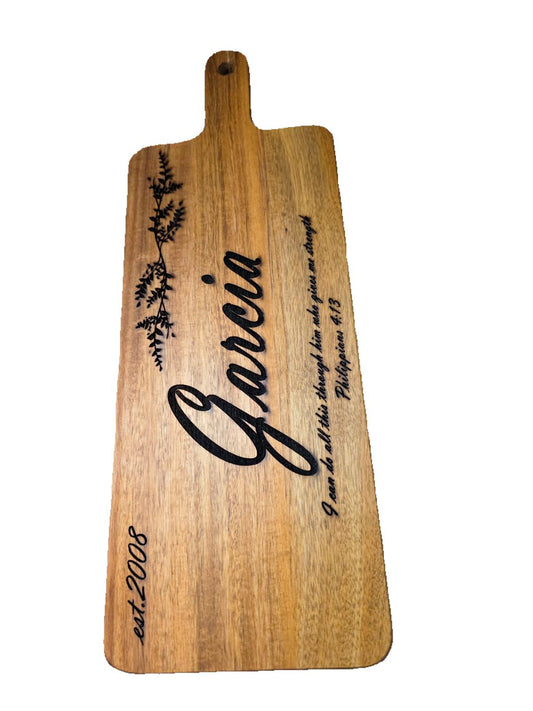 0.5" x 7.5" Acacia Paddle Cutting Board – Custom Family Name & Scripture Engraving