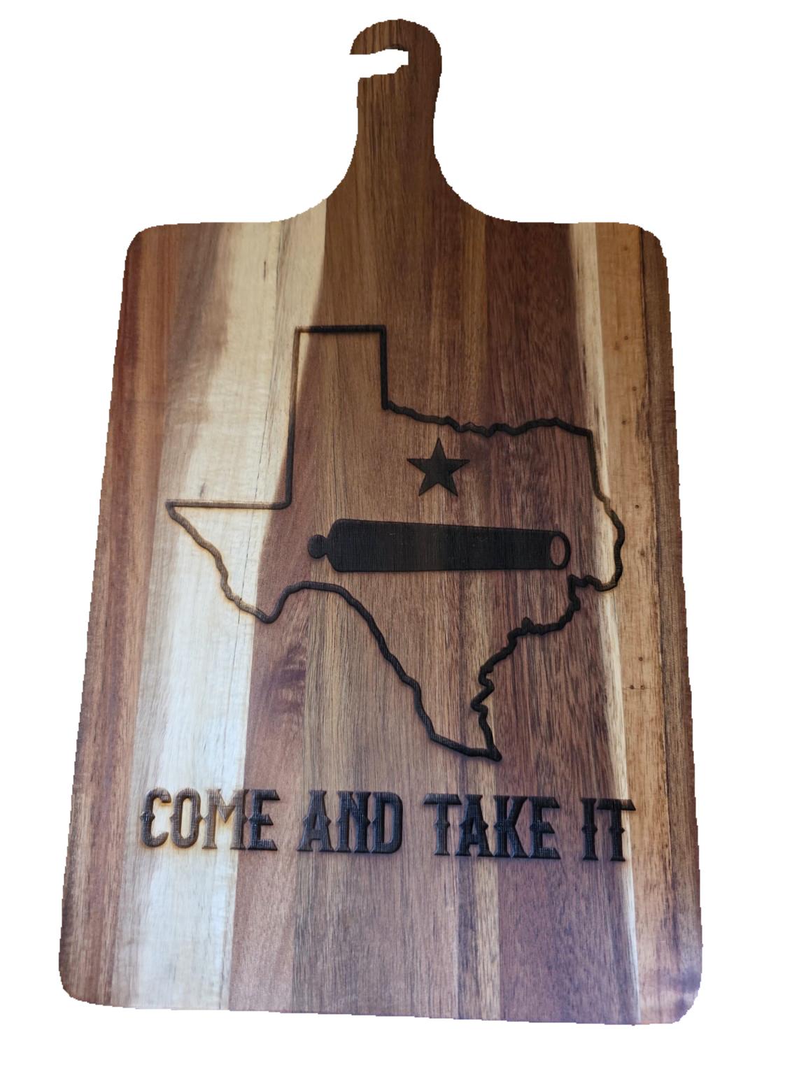 16" x 9" Acacia Cutting Board – “Come and Take It” Texas Engraving