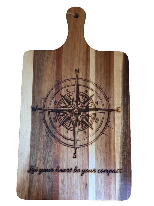16" x 9" Acacia Cutting Board – Compass Engraving “Let Your Heart Be Your Compass”