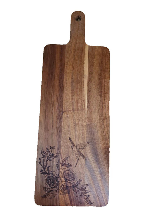 20.5" x 7.5" Acacia Cutting Board – Hummingbird & Rose Engraving