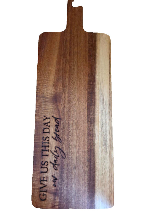 20.5" x 7.5" Acacia Cutting Board – “Give Us This Day Our Daily Bread” Engraving