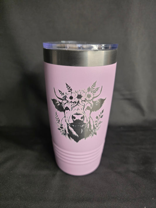 20oz “Flower Crown Highland Cow” Engraved Tumbler — Blush & Ghost Black