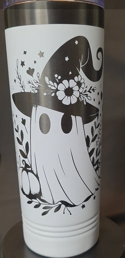 22oz Skinny Tumbler – Ghost in Witch Hat Design