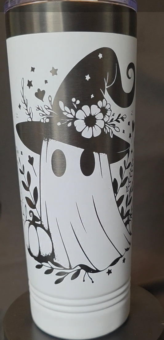 22oz Skinny Tumbler – Ghost in Witch Hat Design