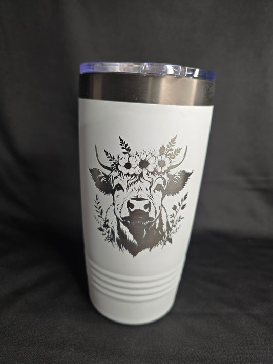 20oz “Flower Crown Highland Cow” Engraved Tumbler — Blush & Ghost Black