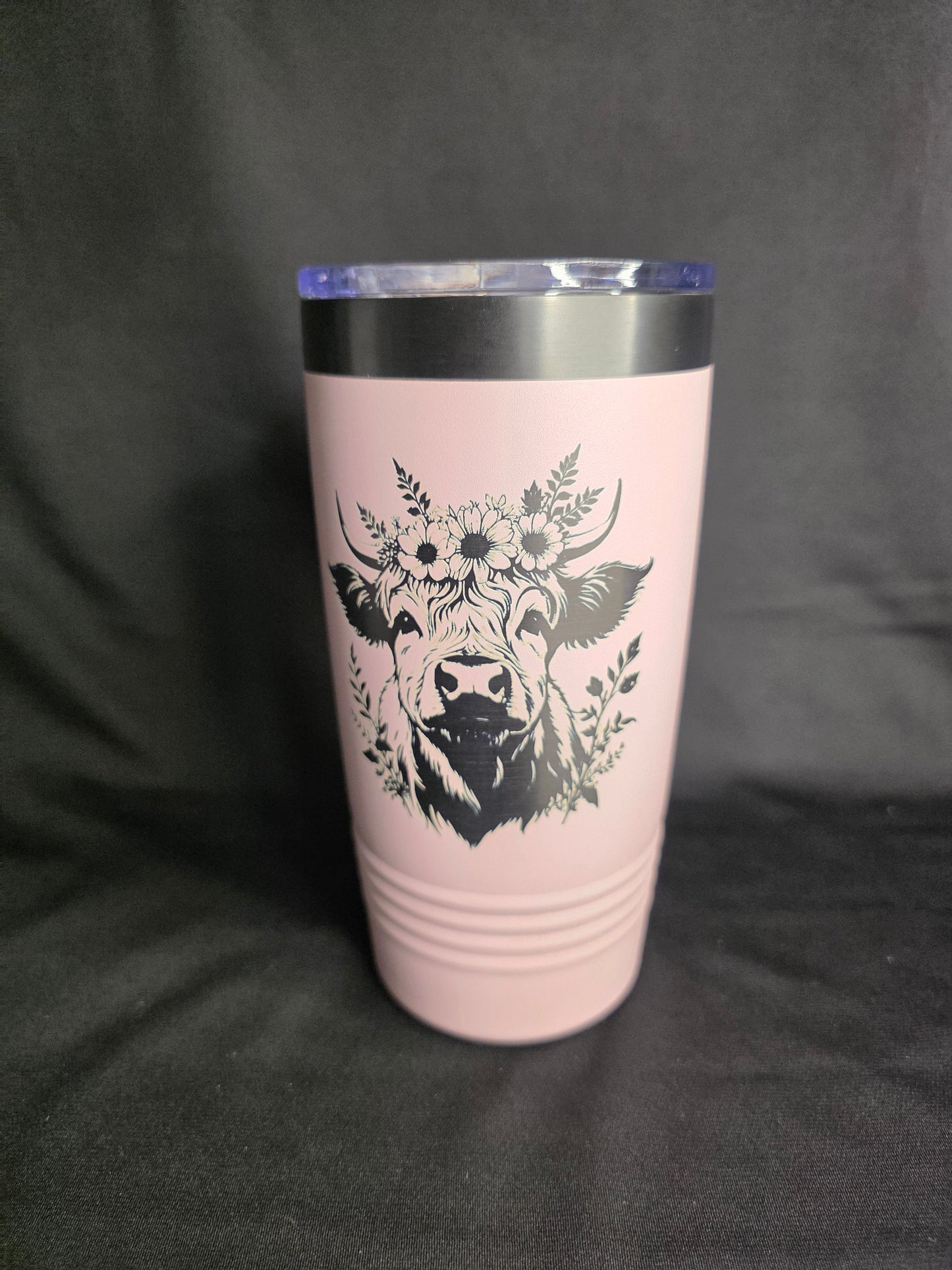 20oz “Flower Crown Highland Cow” Engraved Tumbler — Blush & Ghost Black